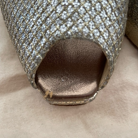Jimmy Choo Silver/Gold Glitter and Leather Peep Toe Slingback Platform - Picture 6 of 6